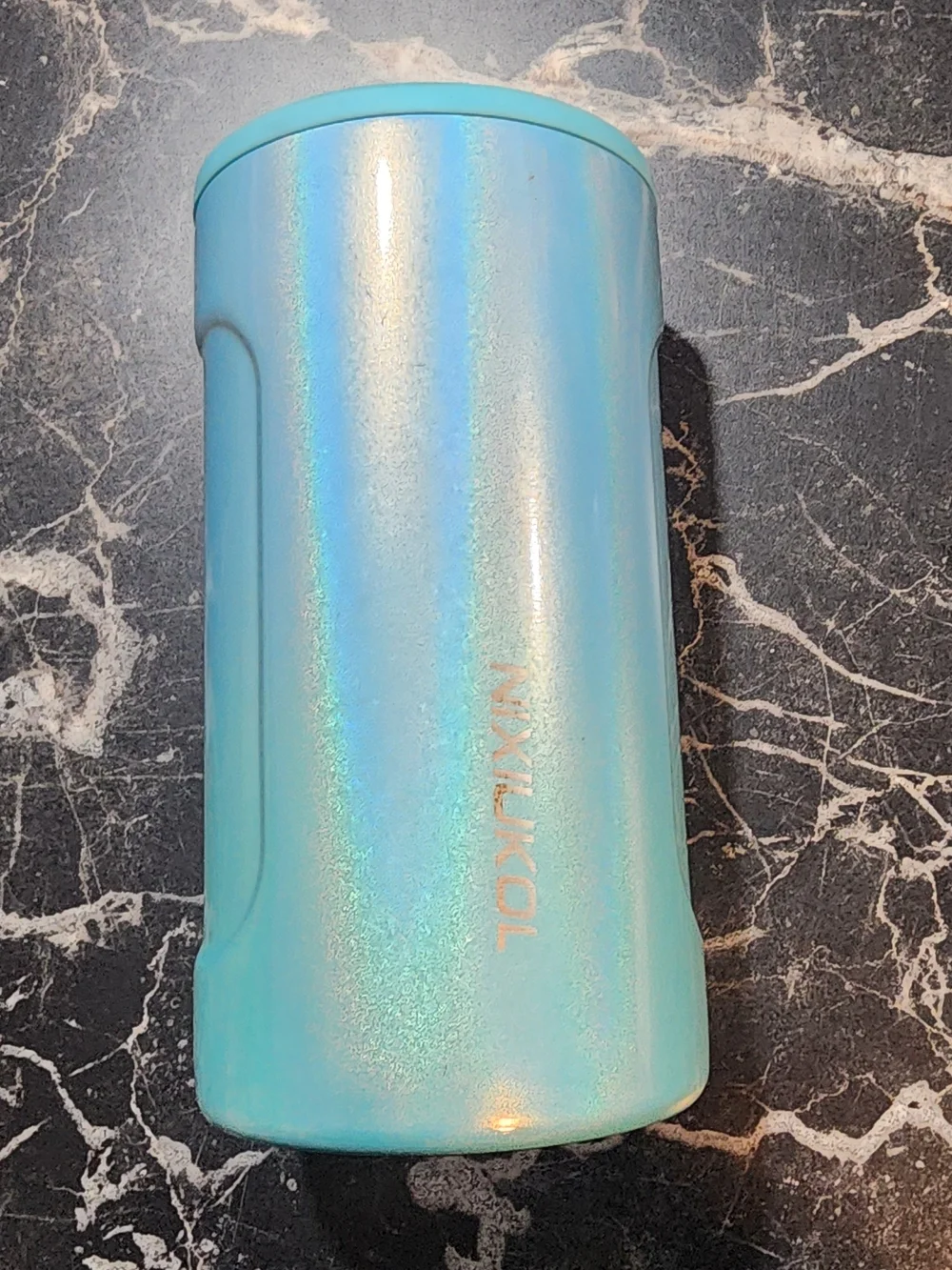 Holographic Light Blue Stainless Can Cooler with Top